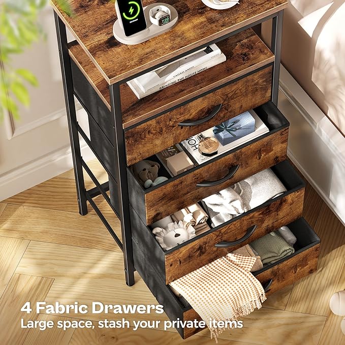 Huuger Night Stand with Charging Station, 4 Drawer Dresser for Bedroom, Bedside Table, 33.9 Inch Tall Nightstand with Open Shelf, End Table, for Closet, Entryway, Bedroom, Rustic Brown
