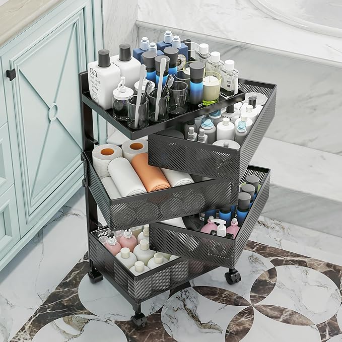 Bathroom Rotating Storage Cart No Assembly Required 4-Tier Metal Sturdy Fruit Basket for Kitchen, Rolling Vegetable Storage Rack,Bathroom Shelf,Storage Drawer Cart (Black, 4 Tier-Square)