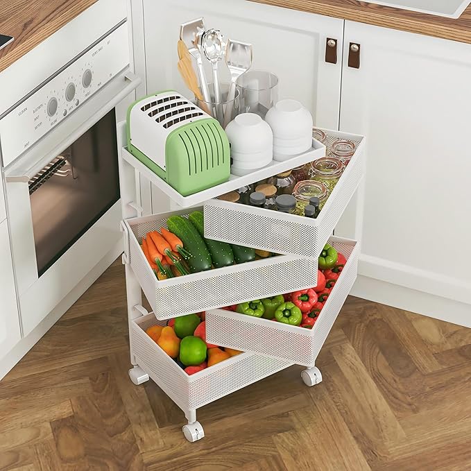 Fruit Basket for Kitchen No Assembly, Rolling Rotating Storage cart,Bathroom Shelf,Storage Drawer Cart for Bathroom,Metal Vegetable Rolling cart(Bright White, 4 Tier-Square)