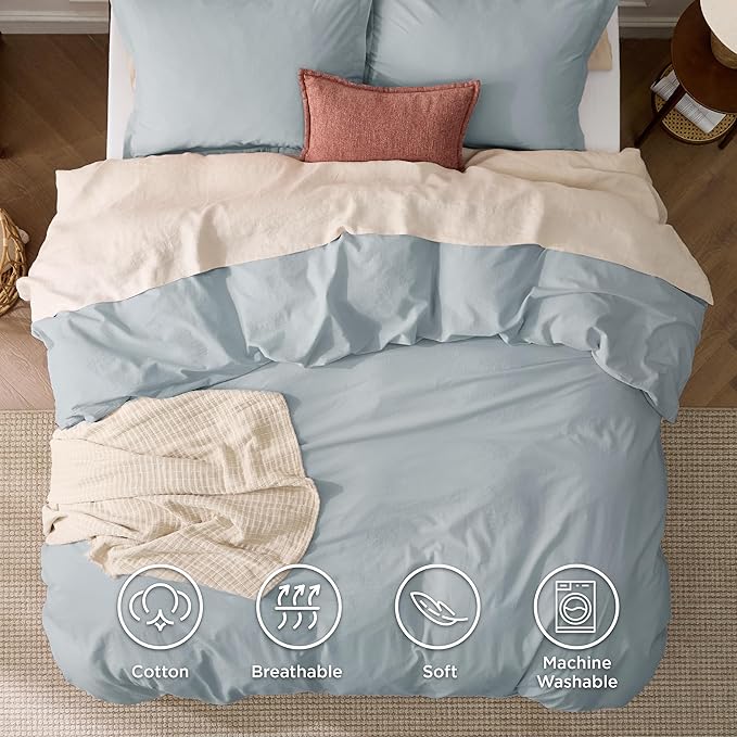 Bedsure 100% Stone Washed Cotton Duvet Cover Queen - Cornflower Blue Minimalist Duvet Cover Linen Like for All Seasons - GentleSoft™ Plain Simple Bedding, 3 Pieces (Cornflower Blue, Queen, 90"x90")
