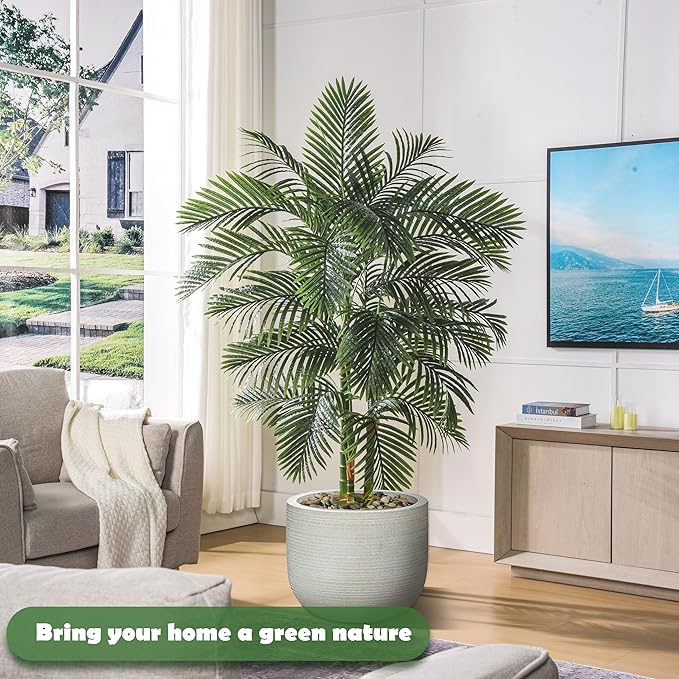 Artificial Palm Tree Indoor Plant 6FT Tall Fake Tropical Palm Tree in Pot with Real Bark Design Faux Areca Palm Tree for Home Office Living Room Bedroom Farmhouse Modern Outdoor Decor (22 leaves 6 FT)