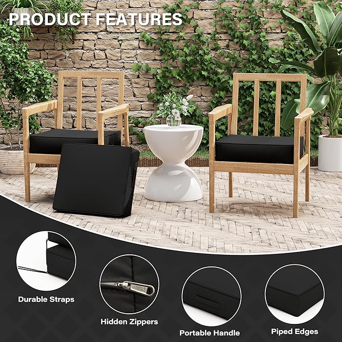 Patio Chair Cushions 18.5 X 16 X 4 Inch Waterproof Outdoor Seat Cushions for Patio Furniture, Outdoor Sofa Couch Pads with Ties & Handle, Set of 2, Black