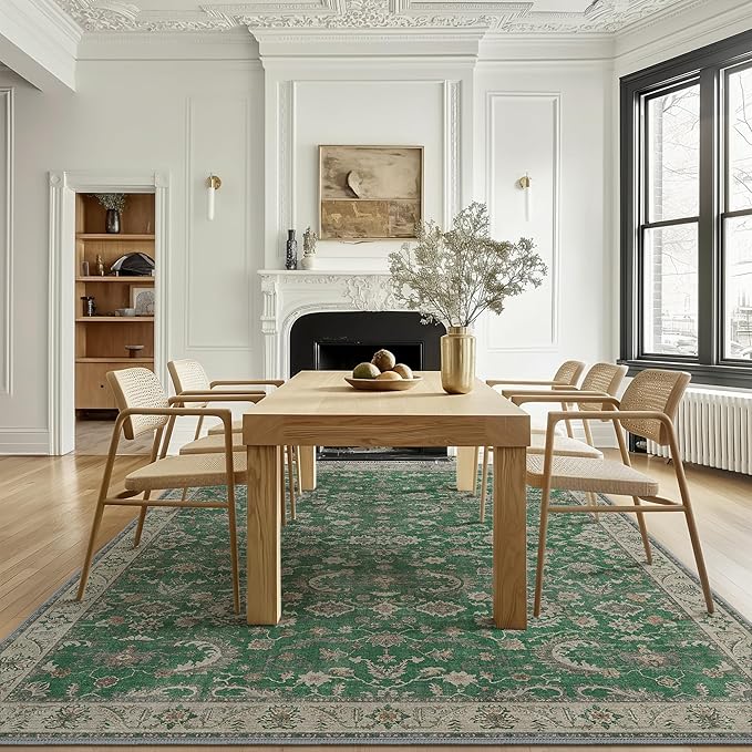 GENIMO Washable Area Rugs for Living Room Bedroom, 8x10 Boho Vintage Non Slip Rug, Low Pile Soft Floral Indoor Floor Carpet Cover for Dining Room Kitchen, Khaki Green