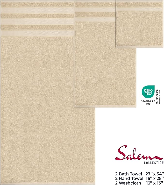 American Soft Linen Salem Turkish Bath Towel Set, 100% Cotton 600 GSM 6 Piece Towels for Bathroom, 2 Bath Towels 2 Hand Towels 2 Washcloths, Beige