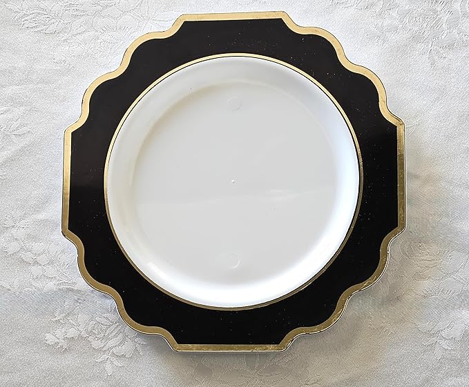" OCCASIONS " 50 Plates Pack (25 Guests)-Heavyweight Wedding Party Disposable Plastic Plate Set -(25x10.5'' Dinner + 25x8'' Salad/dessert (Imperial in Black & Gold)