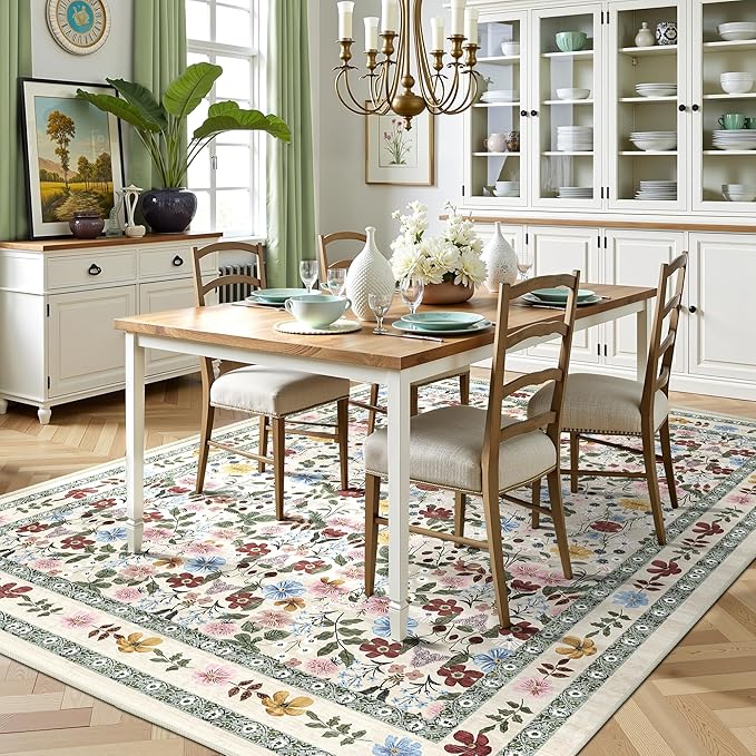 Deerly Boho Floral Rug 7x9 Vintage Colorful Washable Non-Slip Living Room Carpet Soft Low Pile Thin Bedroom Floor Mat Indoor for Dining Room Playroom Nursery Farmhouse, Beige/Green/Multi