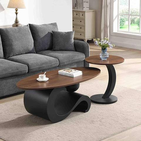 Marble Nesting Coffee Table Set of 2,Modern Oval Center Tea Table and Round Side Nightstand Set w/Wood Tabletop and Metal Frame for Living Room Accent Furniture
