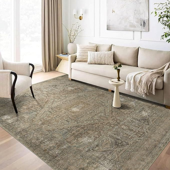 vivorug 3x5 Rug, Small Area Rug for Living Room, Bedroom, Kitchen, Machine Washable Non-Slip Throw Rug, Vintage Carpet for Entryway Nursery Coffee Table - Durable (Olive)