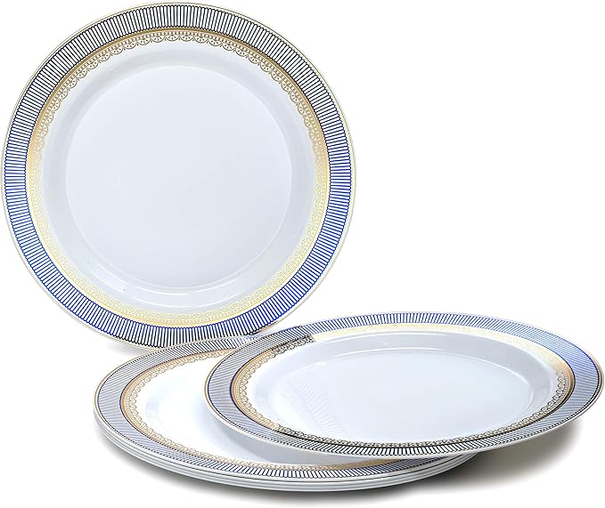 " OCCASIONS " 50 Plates Pack (25 Guests)-Heavyweight Wedding Party Disposable Plastic Plate Set -25 x 10.5'' Dinner + 25 x 7.5'' Salad/dessert plates (Louvre in White w/Blue & Gold)