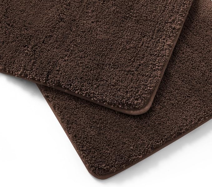 YHF Bathroom Rug Set 2Piece, Thick &Soft Microfiber Shaggy, U Shaped Contour, Machine Washable Bath Mats, Absorbent Bath Rugs, Non-slip Rubber Backing Bath Mat for Bathroom Floor, Tub and Shower,Brown