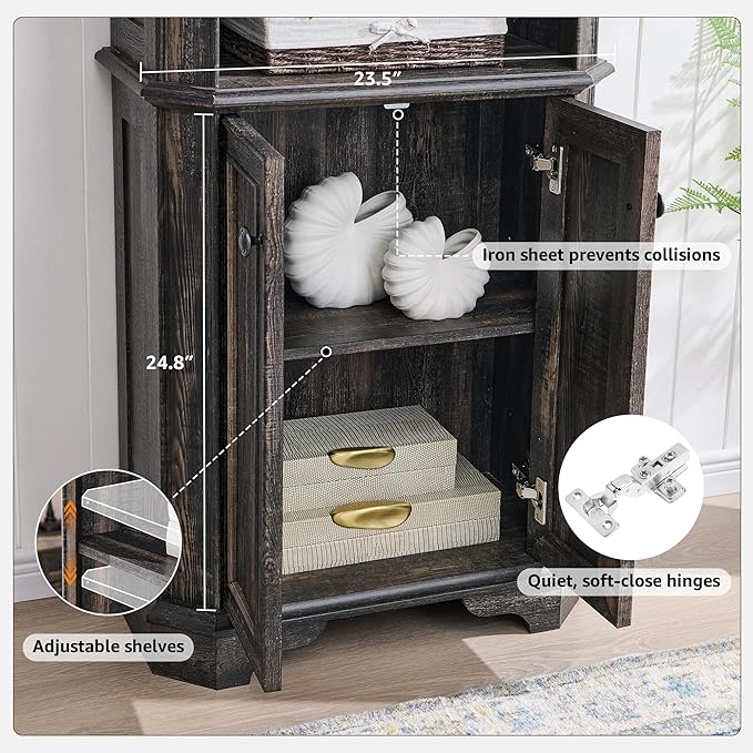 OKD 6-Tier Bookcase with Doors, 72" Tall Farmhouse Bookshelf with Storage & Adjustable Shelves, Wooden Floor Standing Display Book Shelf Organizer for Home Office, Dark Rustic Oak