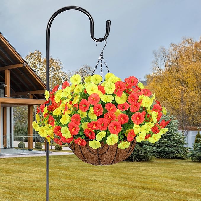 Artificial Fake Hanging Flowers with Basket for Fall Decoration, 12 Bundles Faux Silk Morning Glory Plants for Outdoor Planters, Realistic UV Resistant Artificial Flowers for Outside Porch Garden