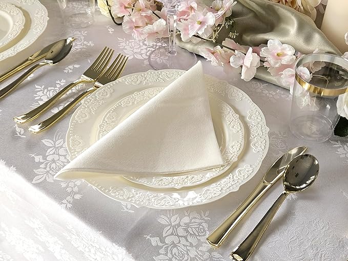 " OCCASIONS " 240 Plates Pack,(120 Guests) Vintage Wedding Party Disposable Plastic Plates Set -120 x 10.25'' Dinner + 120 x 7.5'' Salad / Dessert Plate (Portofino Ivory)