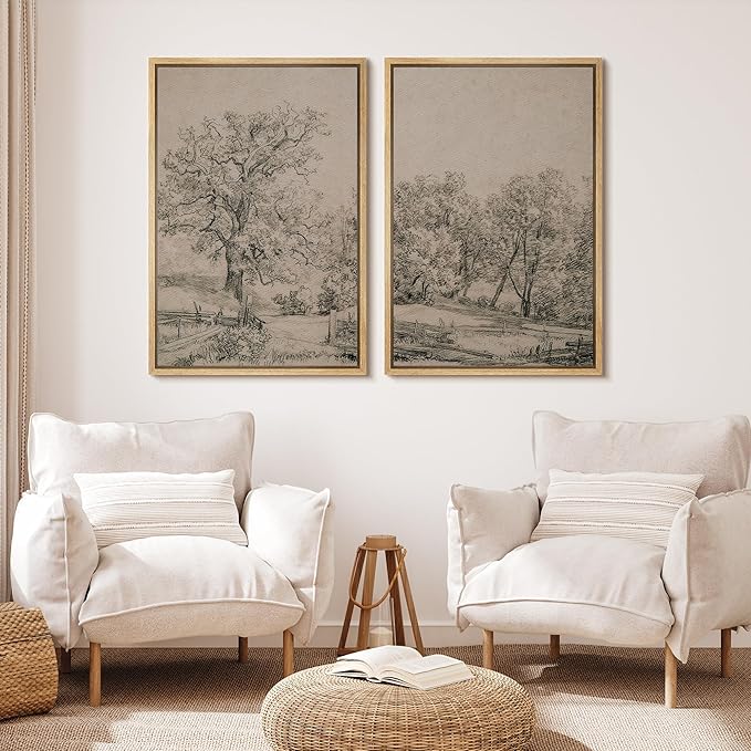 MUDECOR Framed Canvas Print Wall Art Ancient Tree and Country Road Sketch Classic Landscape Pencil Nature Wilderness Illustrations Decorative for Living Room, Bedroom, Office - 24"x36"x2 Natural