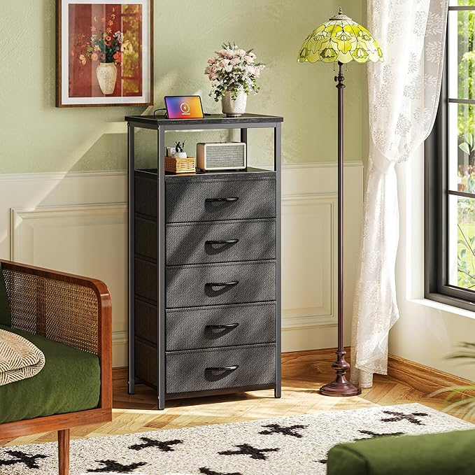 Huuger 5 Drawers Dresser with Charging Station, Dresser for Bedroom, Tall Night Stand, Chest of Drawers with Open Shelf, Bedside Table Nightstand, Fabric Storage Drawers, for Entryway, Black