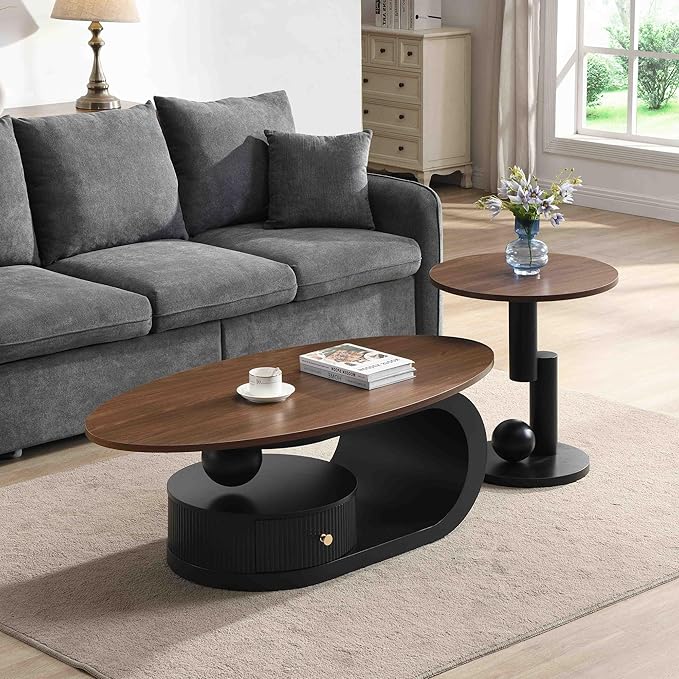 Marble Nesting Coffee Table Set of 2,Modern Oval Center Tea Table and Round Side Nightstand Set w/Drawer and Wood Tabletop and Metal Frame for Living Room Accent Furniture