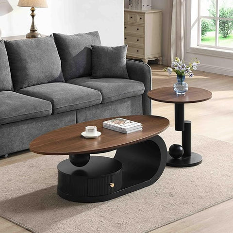 Marble Nesting Coffee Table Set of 2,Modern Oval Center Tea Table and Round Side Nightstand Set w/Drawer and Wood Tabletop and Metal Frame for Living Room Accent Furniture