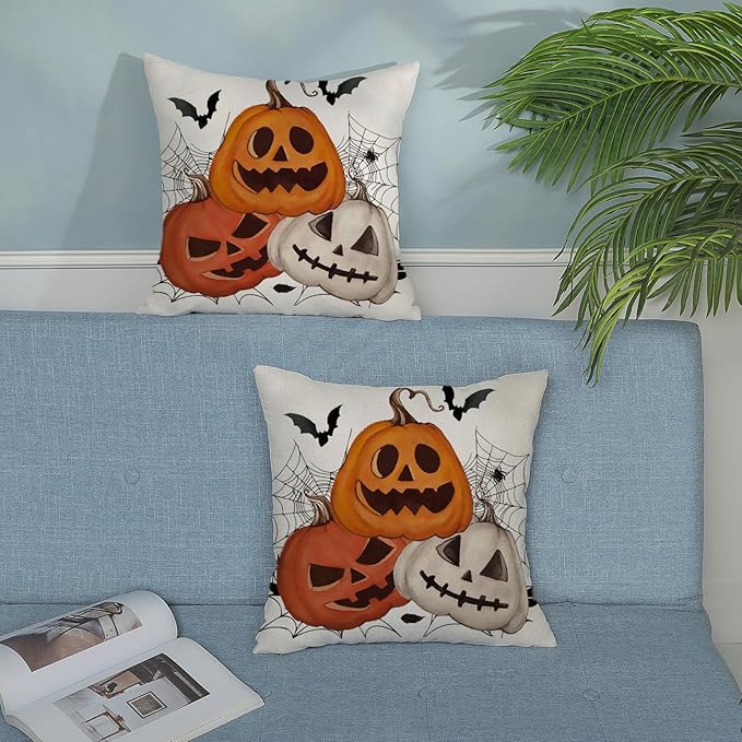 Halloween Pillow Covers 18x18 Set of 2 Black Spider Web Bat Orange Pumpkin Decorative Throw Pillow Covers Outdoor Decor Autumn Halloween Pillowcase Farmhouse Linen Cushion Case for Sofa Couch