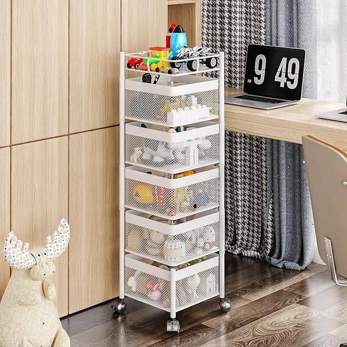 Fruit Basket for Kitchen No Assembly,Rotating Kitchen Storage Rack,Bathroom Shelf, Organizers and Storage Cart on Rolling Wheels，Potato and Onion Storage Organizer(White, 5 Tier-Square)