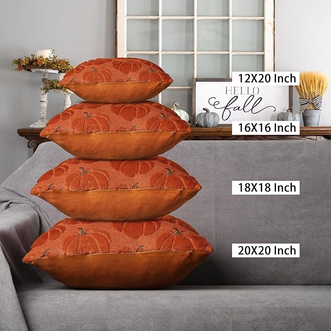 4TH Emotion Fall Pumpkins Decorative Pillow Covers 20x20 Set of 2, Dark Rust Red Soft Plush Faux Fur Wool Farmhouse Throw Cushion Cases for Autumn Thanksgiving Holiday Home Decorations