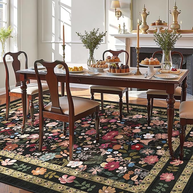 Deerly Living Room Rug 5x7 Rug Washable Vintage Boho Area Rug Non Slip Black Floral Soft Low Pile Thin Large Bedroom Floor Mat Indoor for Dining Room Playroom Nursery Farmhouse, Black/Multi