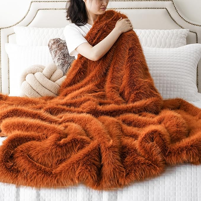 BATTILO HOME Luxury Fall Faux Fur Throw Blanket, Orange Faux Fur Blanket for Couch, Home Decor, Fall Decor, Soft Fluffy Fur Throws with Long Pile, 50"x60"