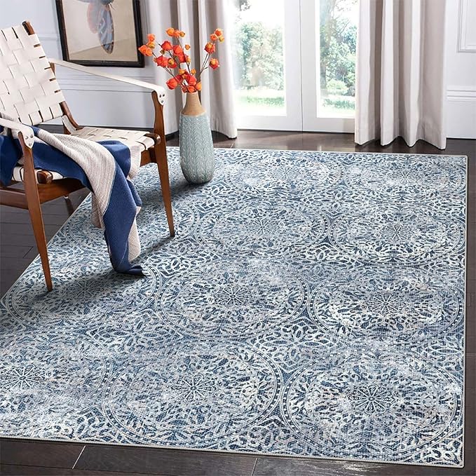 vivorug 9x12 Area Rugs for Living Room, Non Slip Machine Washable Vintage Blue Rug, Ultra-Thin Lightweight Large Area Rug for Bedroom, Dining Room, Low Pile Rug