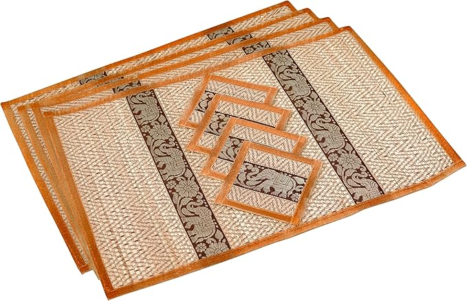 Hand-Woven Wicker Reed Placemats Coaster Set Eco-Friendly Alternative to Plastic Heat Resistant Thai Style Durable Easy to Clean for Dining Table Set of 4 (Large, Light Gold)