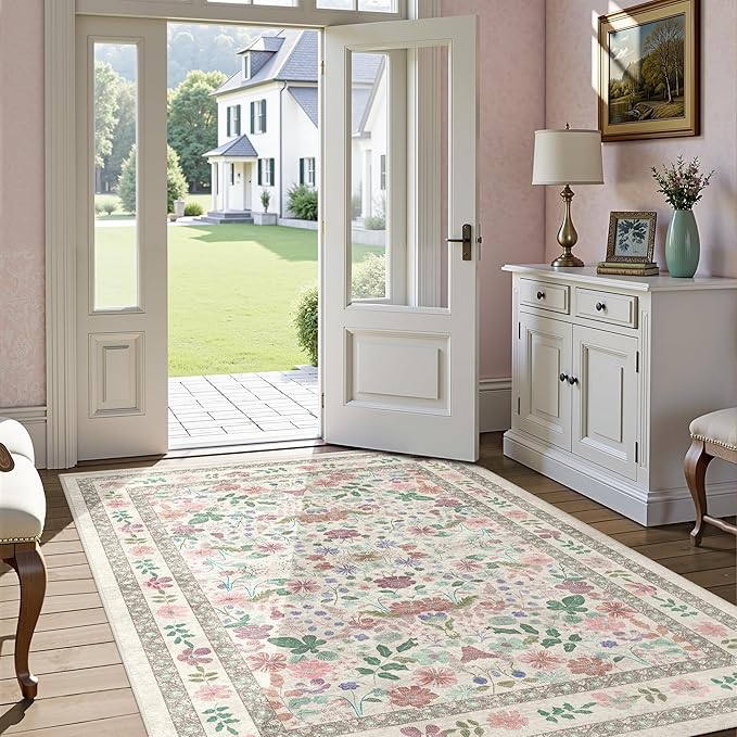 Deerly Floral Area Rugs 4x6 Washable Living Room Bedroom Carpet Vintage Boho Thin Non-Slip Soft Low Pile Floor Mat Indoor Home Decor for Dining Room Playroom Farmhouse, Beige/Light Pink/Multi