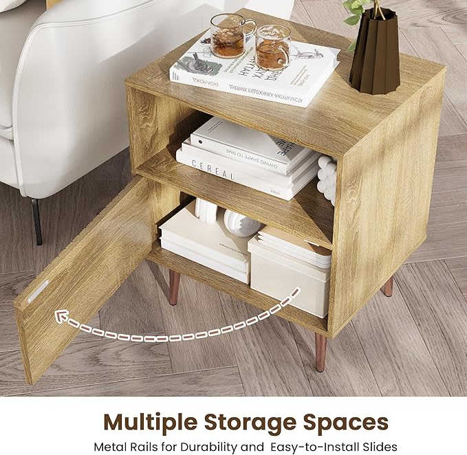 Wood Night Stand Set 2,Modern Bedside Table with Door and Open Storage,Fluted Nightstand and Wood End Side Table with Rose Gold Metal Legs and Handles for Bedroom,Living Room,Natural