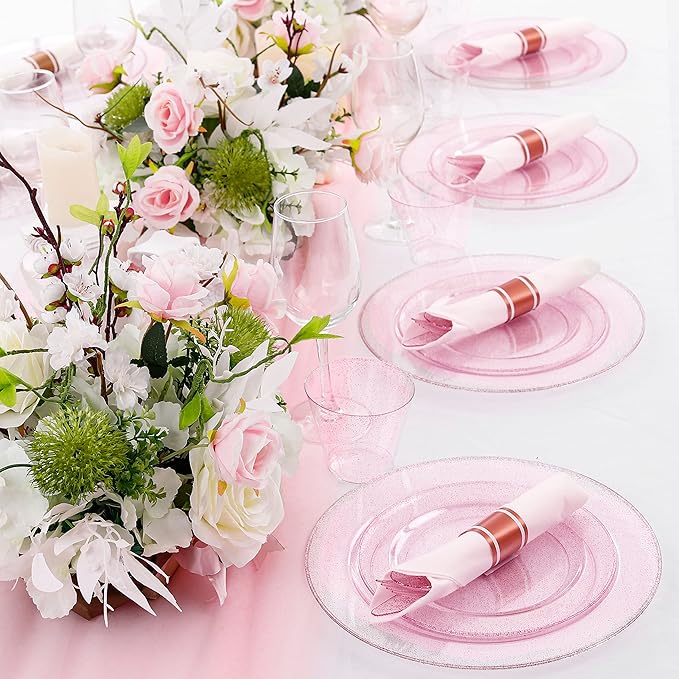 DaYammi 350PCS Rose Gold Glitter Dinnerware Set 50 Guest for Party- 50 Pink Plastic Dinner Plates, 50 Dessert Plates- 50 Per Rolled Napkins with Rose Gold Glitter Cutlery - 50 Cups 9 OZ