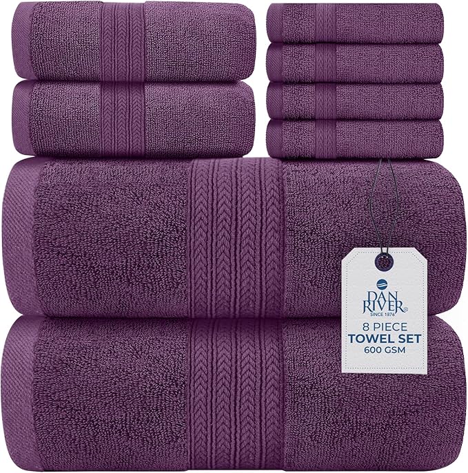 DAN RIVER 8 PC Luxury Bath Towels for Bathroom, 2 Bath, 2 Hand, and 4 Wash Cloths, 600 GSM 100% Ring Spun Cotton Towel Set, Highly Absorbent, Gym, Hotel, and Spa, Purple