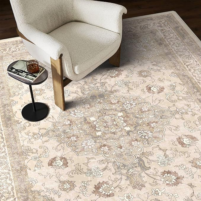 vivorug Beige 5x7 Area Rugs - Ultra-Thin Washable Rug with Non-Slip Backing, Ideal for Living Room, Bedroom, Kitchen Floor Carpet - Vintage Floral, Easy Clean, Durable, Low Pile