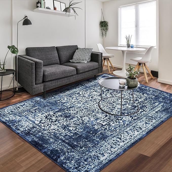 vivorug 9x12 Area Rugs, Stain Resistant Washable Rug for Living Room, Vintage-Inspired (Navy Blue, 9'x12')