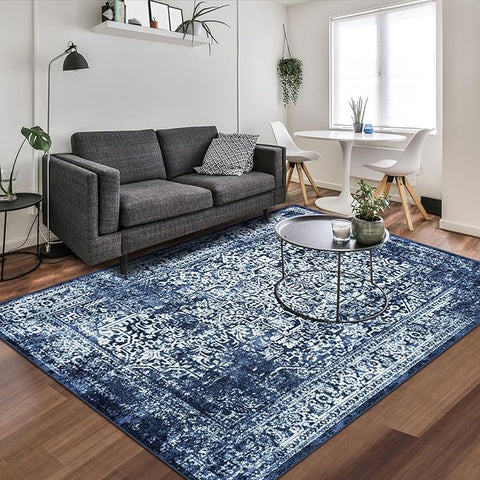 vivorug 9x12 Area Rugs, Stain Resistant Washable Rug for Living Room, Vintage-Inspired (Navy Blue, 9'x12')