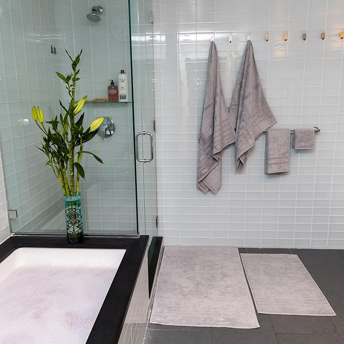 Mosobam Luxury Turkish 10pc XL Deluxe Bath Bundle Body Hand Face Towel and Mat Light Grey (Gray) 700 GSM & 1000 GSM Bamboo Viscose & Aegean Turkish Combed Cotton