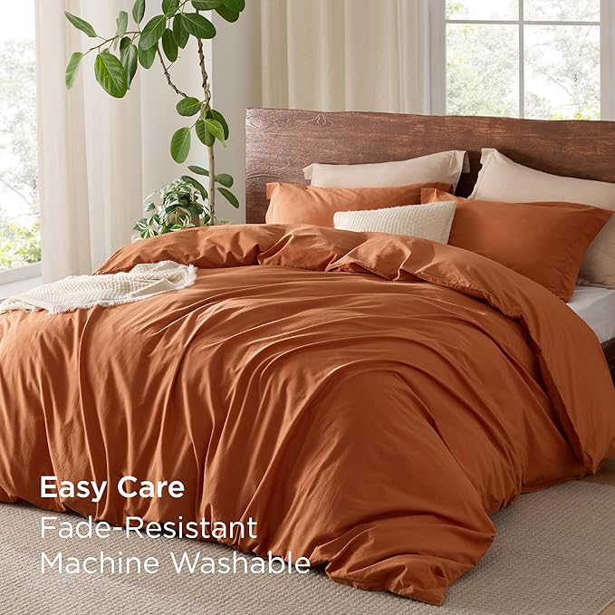 Bedsure 100% Washed Cotton Duvet Cover Queen Size - Burnt Orange Minimalist Duvet Cover Linen Like for All Seasons - GentleSoft™ Plain Simple Bedding, 3 Pieces (Burnt Orange, Queen, 90"x90")
