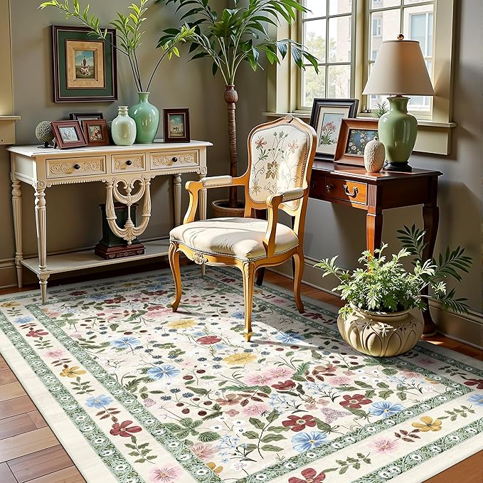Floral Area Rugs 3x5 Small Thin Entryway Rug - Vintage Boho Washable Non-Slip Living Room Carpet Soft Low Pile Bedroom Floor Mat Indoor Home Decor for Dining Room Playroom Farmhouse, Beige/Green/Multi