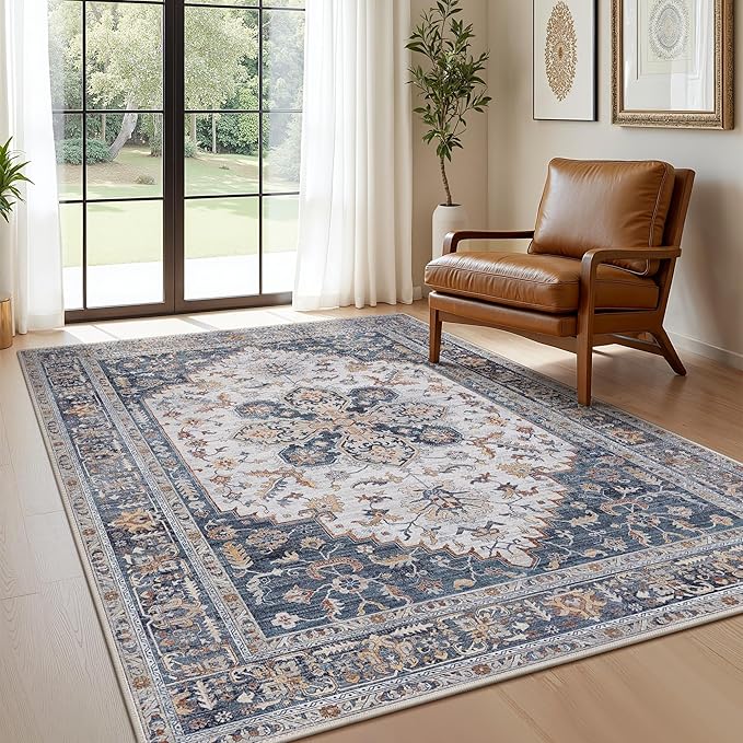 GENIMO 5X7 Area Rugs for Living Room, Machine Washable Vintage Floor Cover Foldable Modern Non Slip Rug, Low Pile Soft Indoor Carpet Floral Print Mat Rug,Bedroom/Dining Room/Home Office,Navy Blue