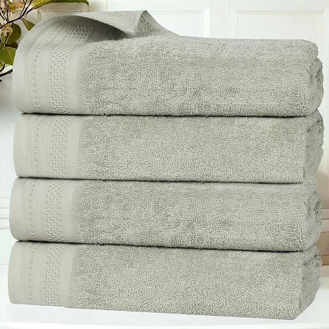 Superior Honeycomb Cotton Medium Weight Towels, for Guest Bath, Master Bathroom, Shower, Quick Dry, Adults, Home Essentials, Textured Waffle Border, Towel Set, Bath Towels, Set of 4, Sage