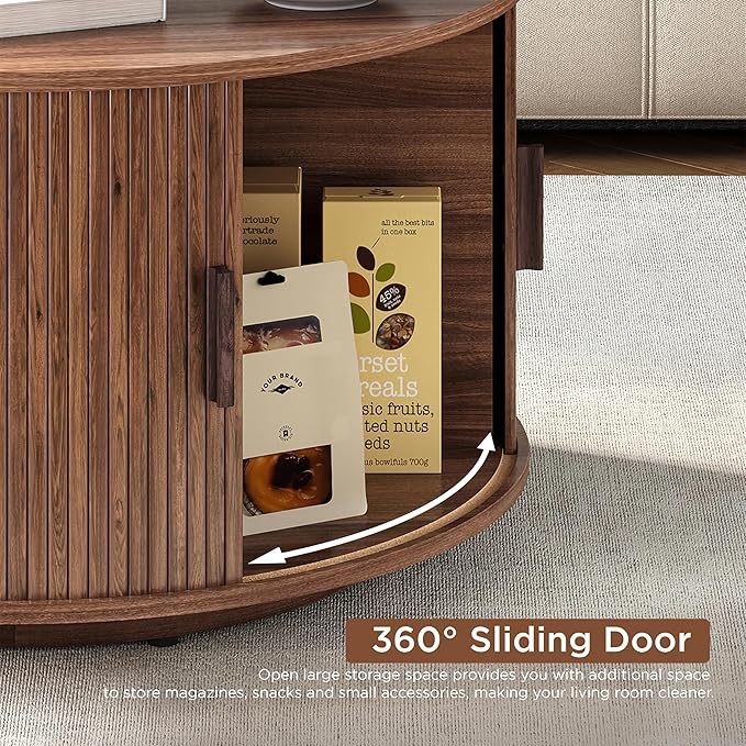 Round Coffee Table with Storage,31.5" Drum Coffee Table with Sliding Tambour Door,Mid Century Modern Coffee Table with Sliding Cabinet Door for Living Room Walnut Brown