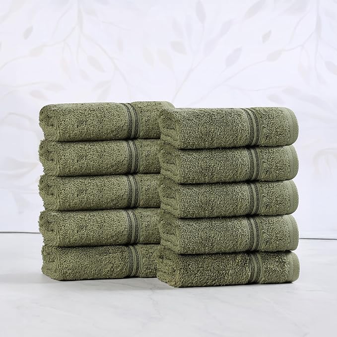 Superior Egyptian Cotton Face Towel/Washcloth Set, Small Towels for Home Bathroom, Master, Guest Bath, Decor Essentials, Quick Dry, Absorbent, Spa, Hotel, Resort, Adult, Kids, Set of 10, Forest Green