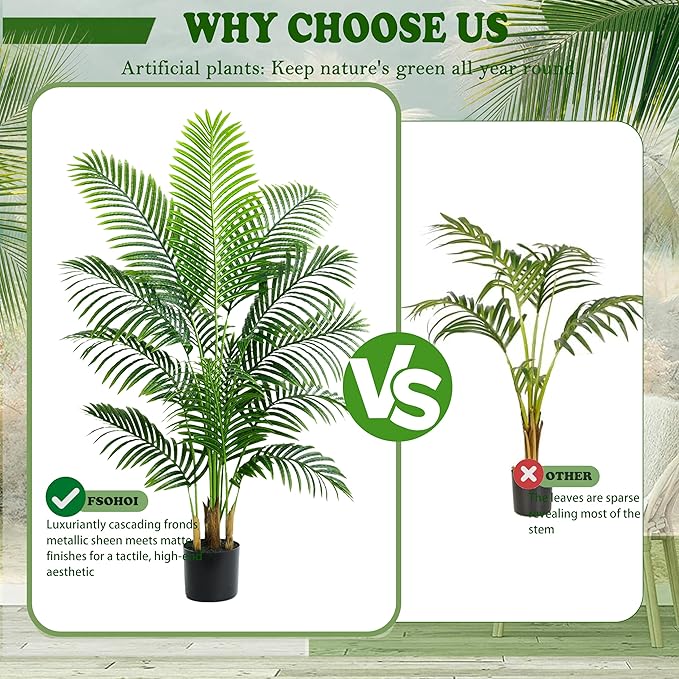Artificial Palm Tree 5FT Artificia Plants Indoor Fake Tree Tropical Fake Plam Trees Areca Floor Plant in Black Pot with 13 Trunks & Real Bark Design Faux Palm Plant for Outdoor Home Room Decor