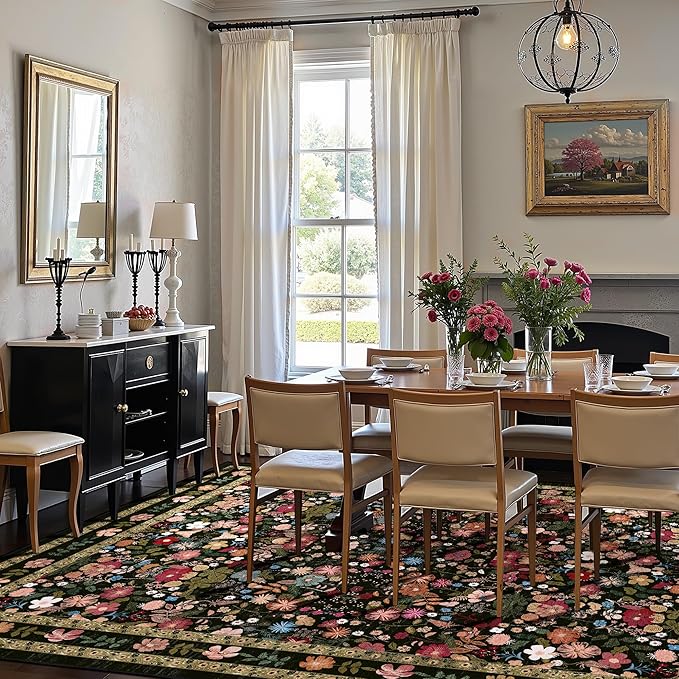 Deerly Large Floral Washable Rugs 8x10 Vintage Black Living Room Carpet Boho Non-Slip Soft Low Pile Thin Bedroom Floor Mat Indoor for Dining Room Playroom Nursery Farmhouse, Black/Multi