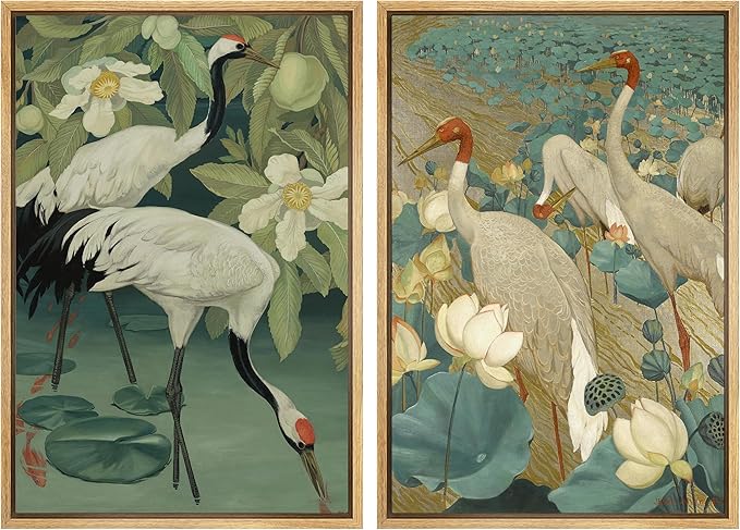MUDECOR Framed Canvas Print Wall Art Elegant Cranes Among Lotus Flowers Nature Illustrations Modern Art Decorative Multicolor Minimalism for Bedroom - 16"x24"x2 Natural