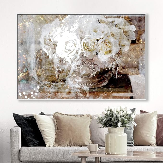 The Oliver Gal Artist Co. Floral and Botanical Framed Wall Art Canvas Prints 'Serving Roses' Florals, White, Gold, 45" x 30"