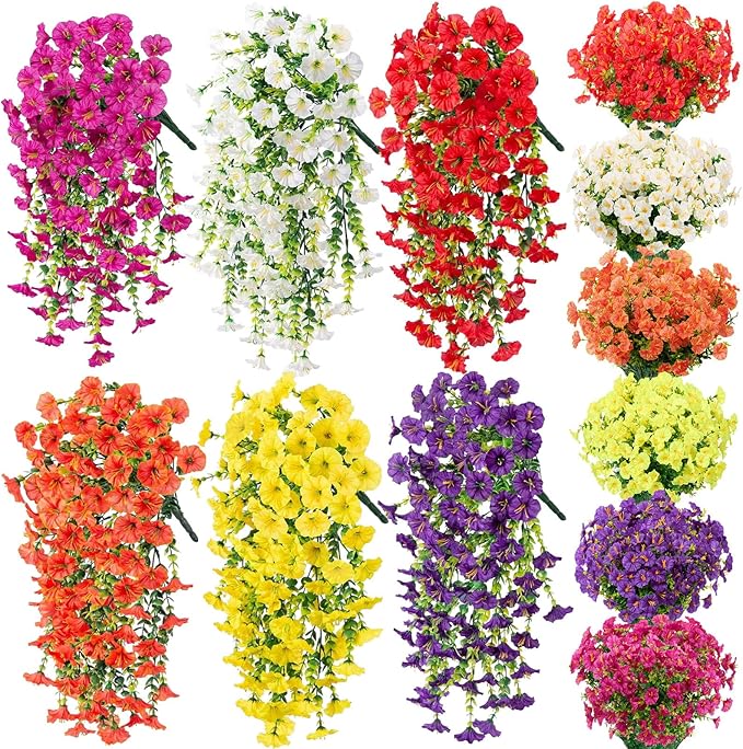 Zeyune 48 Pcs Artificial Hanging Flowers Plants for Outdoors Faux Hanging Plant Faux Silk Morning Glory with Eucalyptus Leaves Artificial Plants Summer Fall Decoration for Window Yard Garden Decor