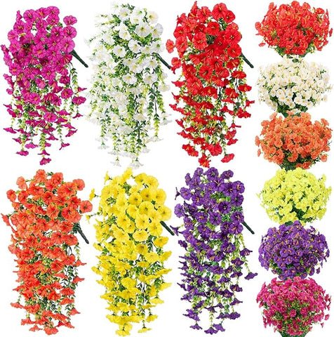 Zeyune 48 Pcs Artificial Hanging Flowers Plants for Outdoors Faux Hanging Plant Faux Silk Morning Glory with Eucalyptus Leaves Artificial Plants Summer Fall Decoration for Window Yard Garden Decor