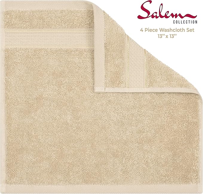 American Soft Linen Salem Washcloth Sets, 4 Piece Luxury 600 GSM 100% Cotton Washcloths for Bathroom, 13x13 inches Washrags Premium Quality Hand Face Towels, Beige