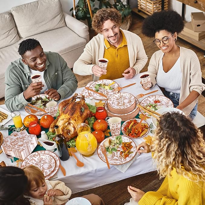 400 Pieces Fall Vintage Pomegranate Disposable Party Tableware Sets Including Orange Floral Plates Cups Napkins Cutlery Serves 50 for Thanksgiving Wedding Baby Shower Party Decorations